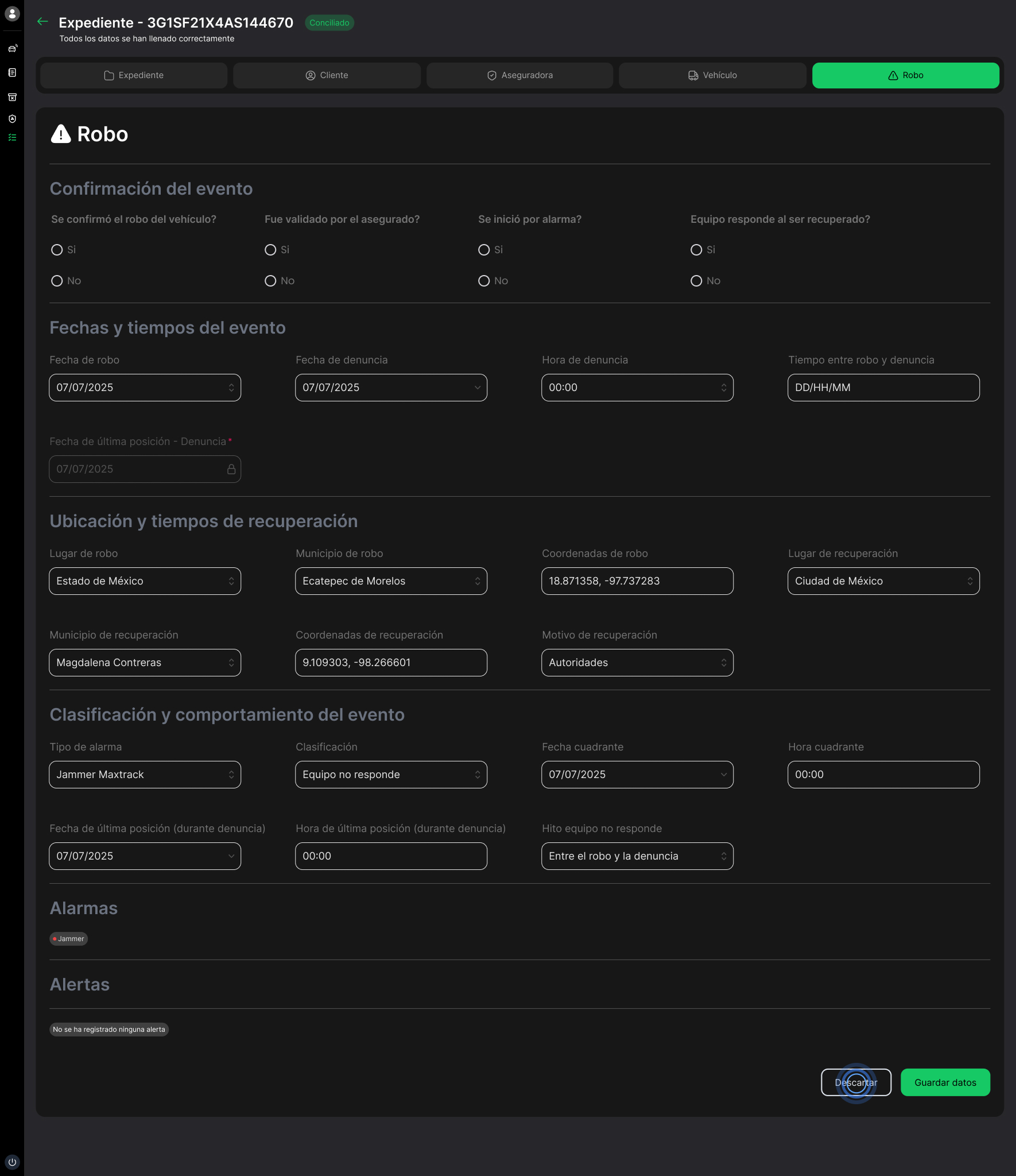 The same form in edit mode, grouped by event, location and classification.
